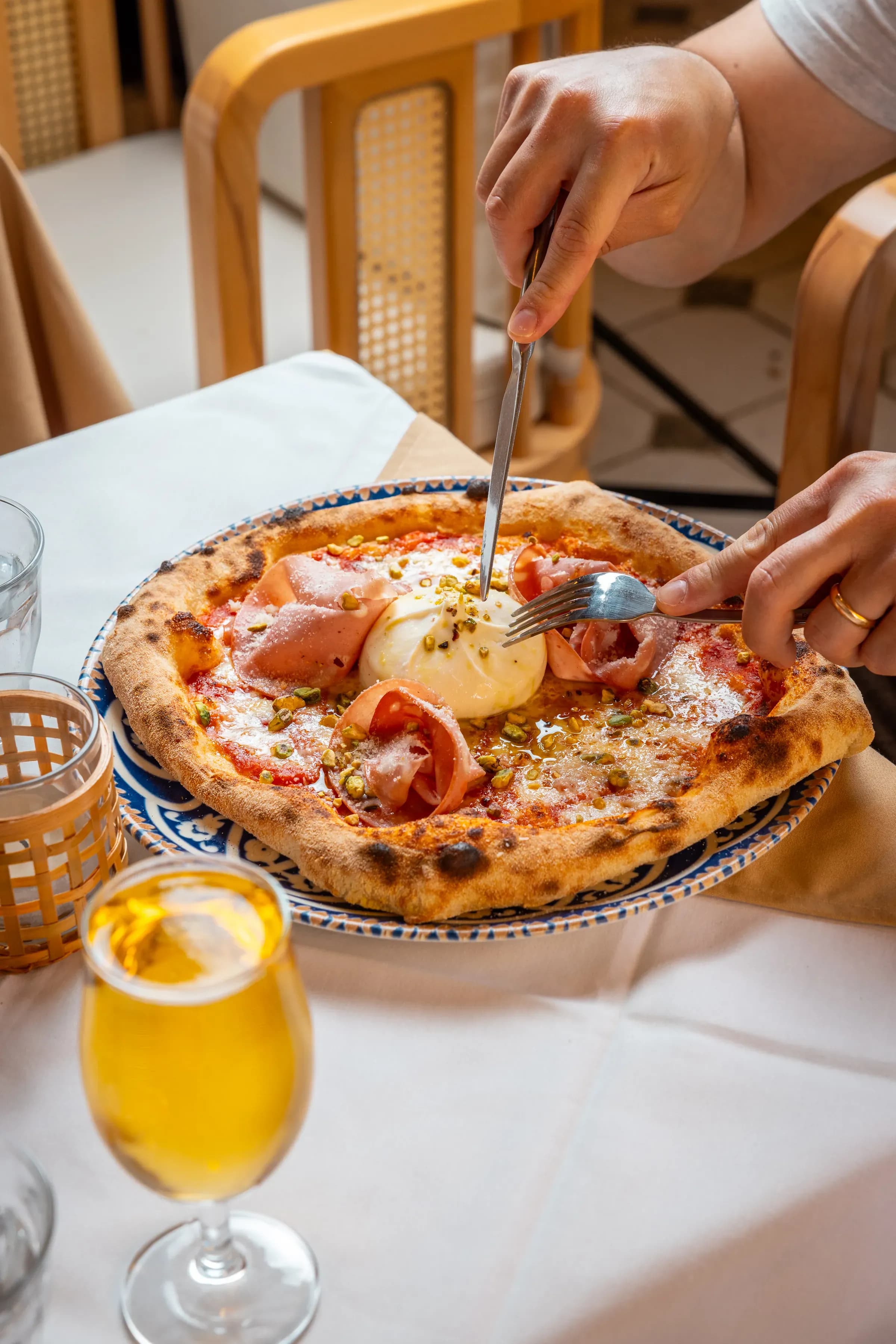 Pizza with burrata and mortadella